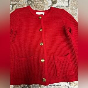 Red Hyacinth House cardigan with gold buttons